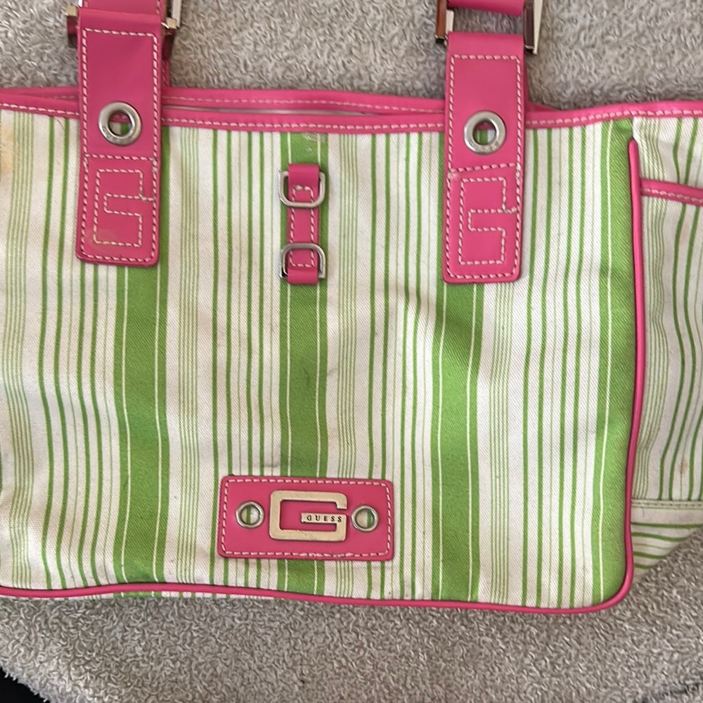Guess Pink and Green Tote with Leather Accents